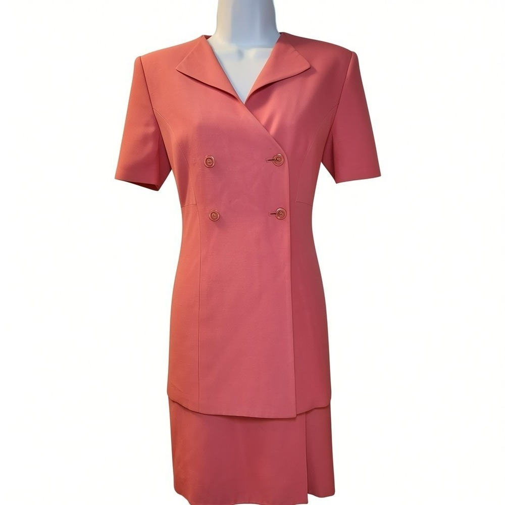 Casual Corner Vintage Coral‎ Pink 2 Piece Dress Suit Set Double Breasted Size 8